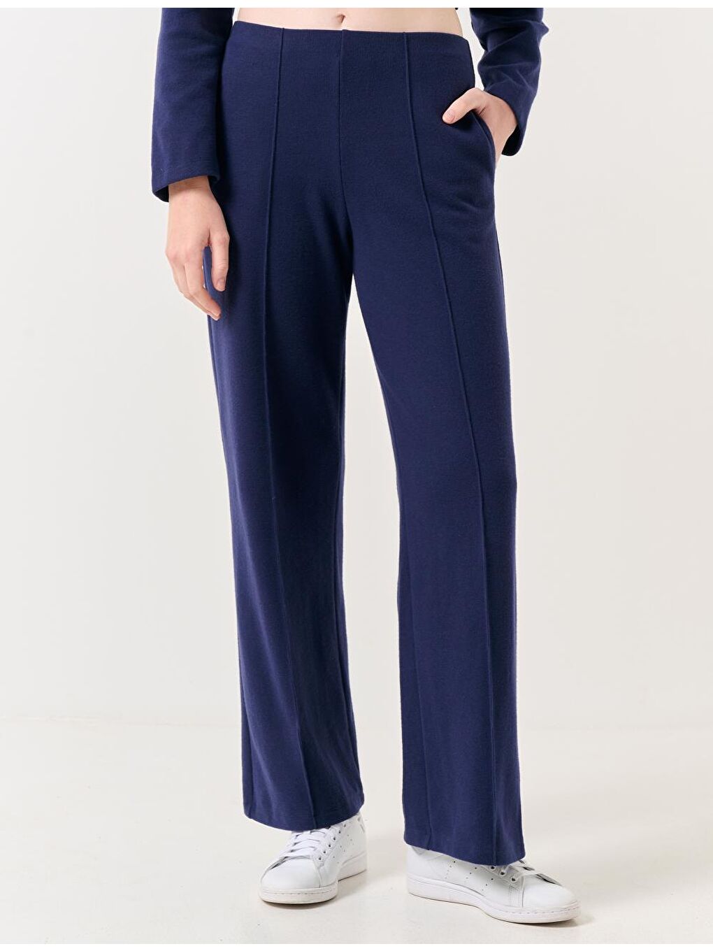 Lacivert Bol Paça Yüksek Bel Rahat Örme Pantolon-4