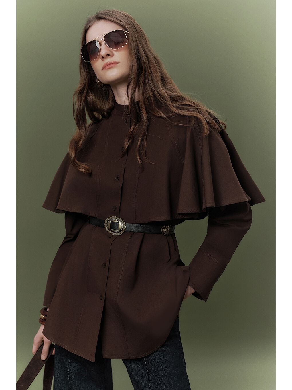 Pelerinli Tasarım Gömlek Kahverengi