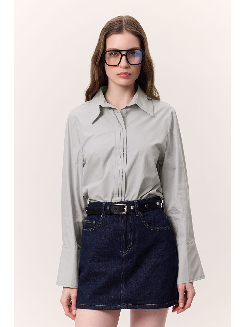 Nervür Detaylı Fit Gömlek Buz Mavi-2