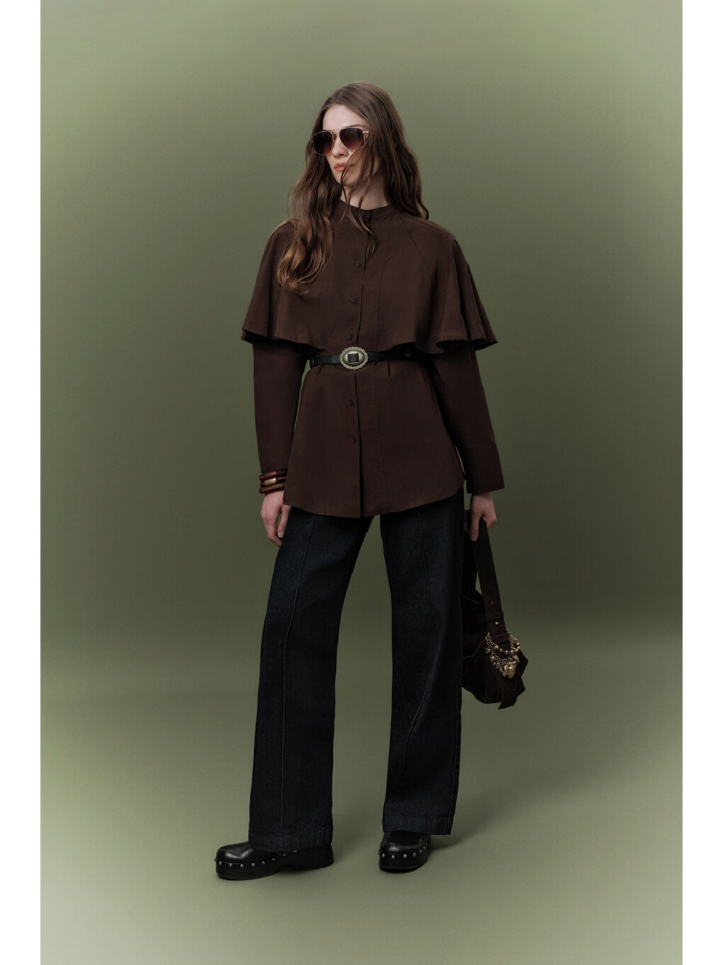 Pelerinli Tasarım Gömlek Kahverengi-1