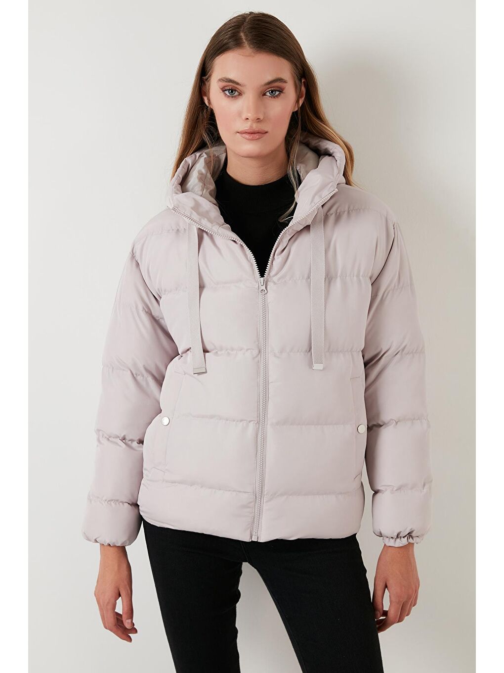 Gri Kapüşonlu Cepli Şişme Mont 6020022-1