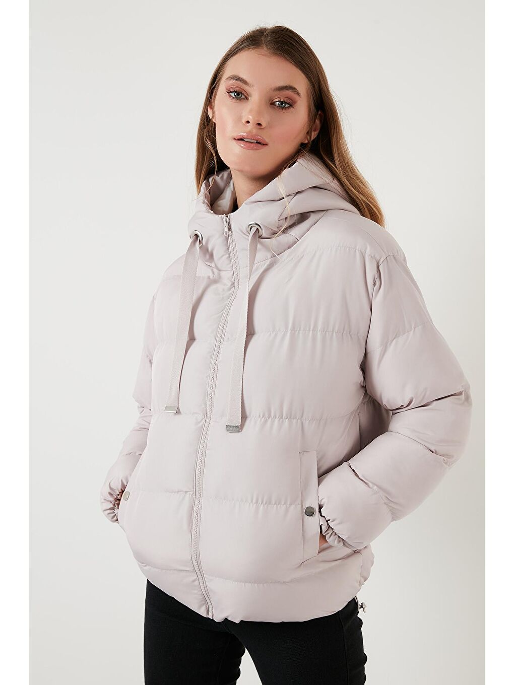 Gri Kapüşonlu Cepli Şişme Mont 6020022-2