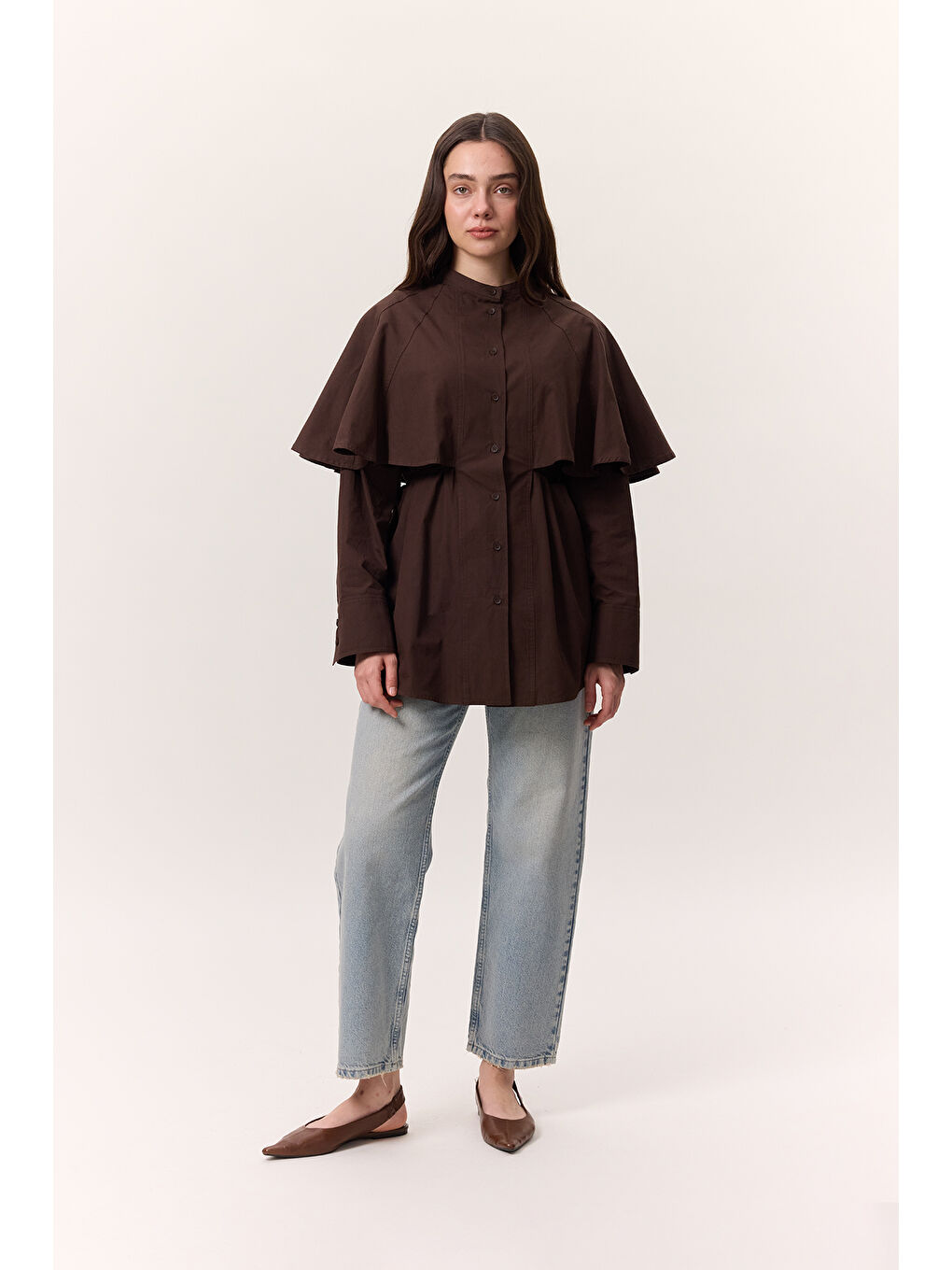 Pelerinli Tasarım Gömlek Kahverengi-2