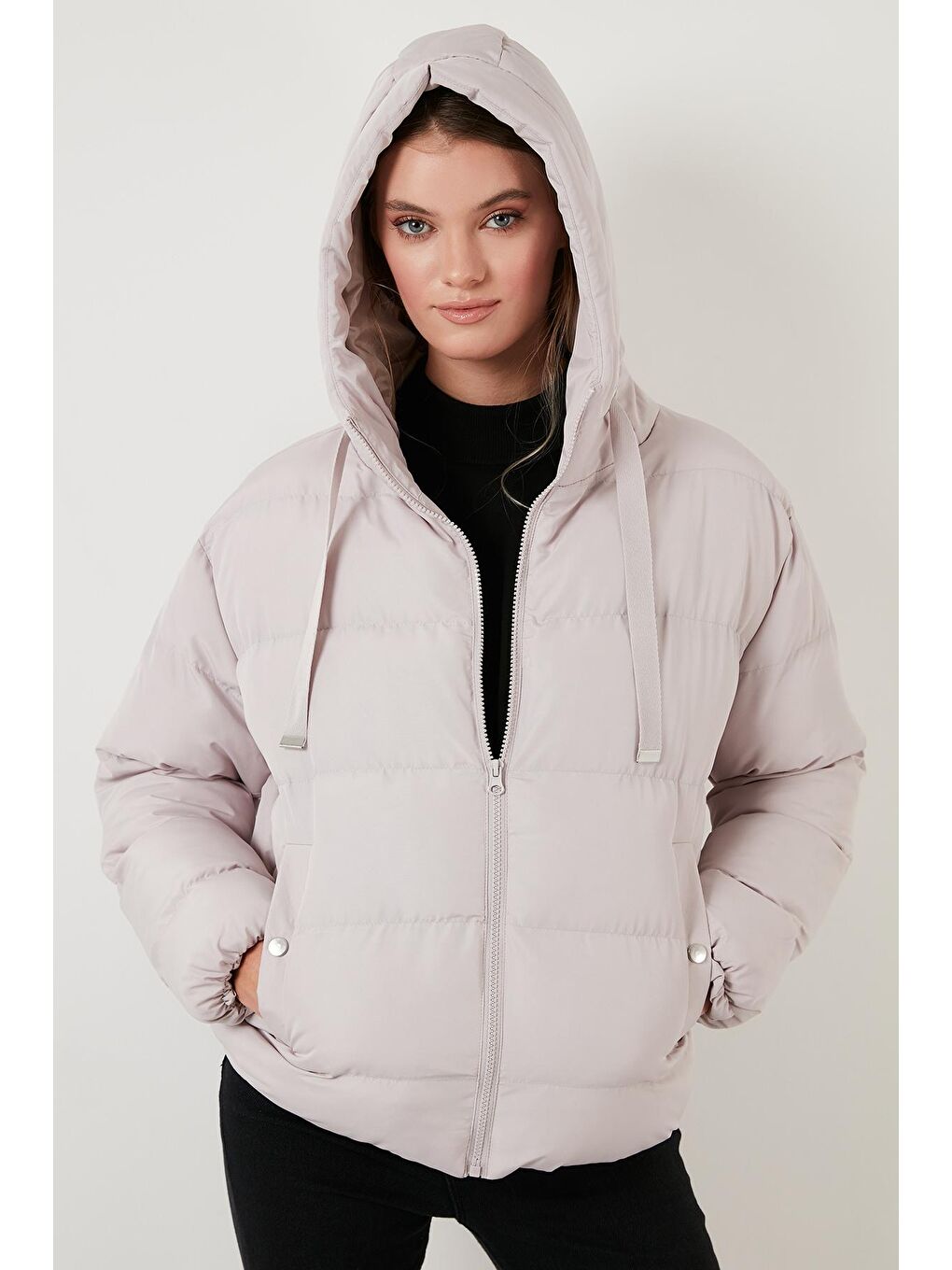 Gri Kapüşonlu Cepli Şişme Mont 6020022-3