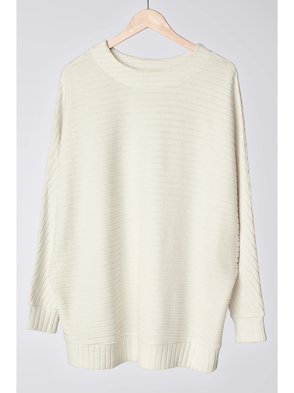 Bej Büyük Beden Uzun Kollu Beli Lastikli Bisiklet Yaka Fitilli Kazak 615140-8