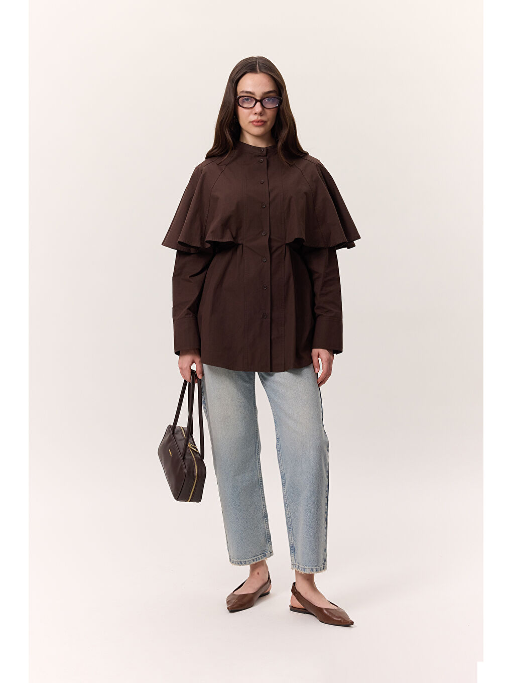 Pelerinli Tasarım Gömlek Kahverengi-3