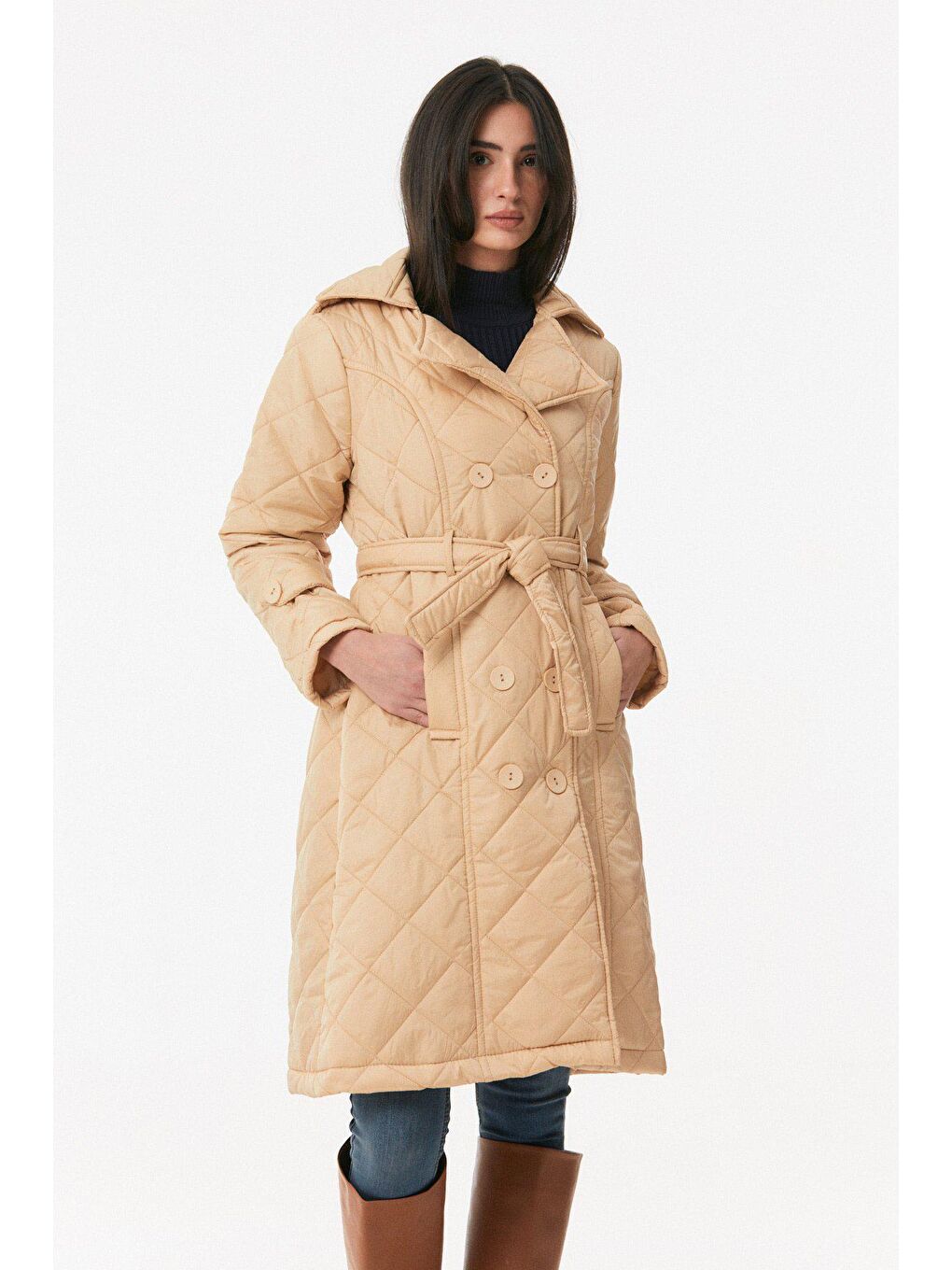 Bej Kapitone Kruvaze Yaka Uzun Mont