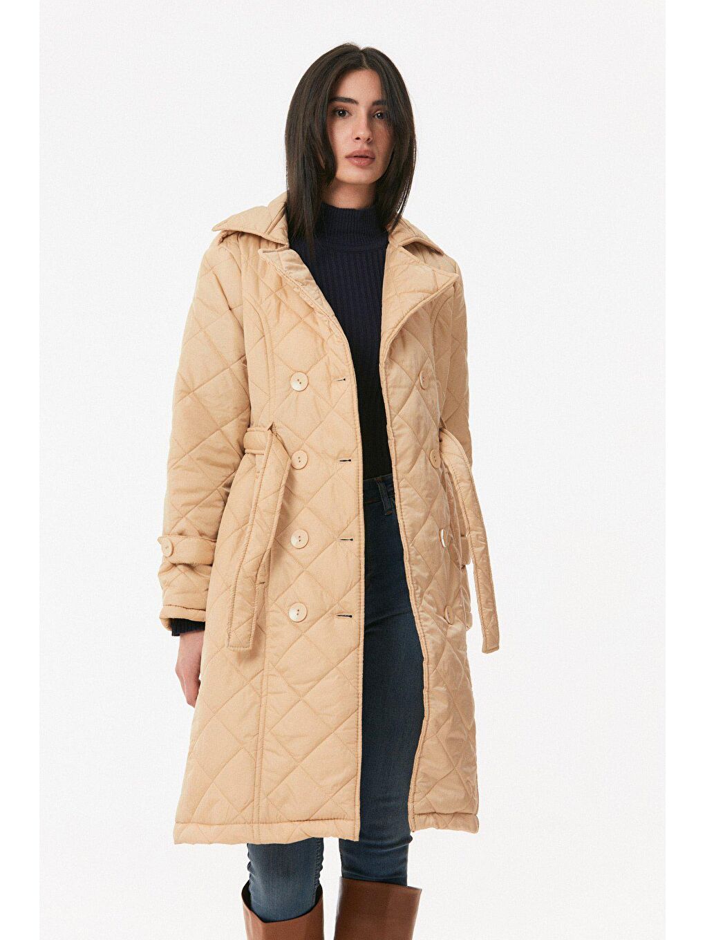 Bej Kapitone Kruvaze Yaka Uzun Mont-1