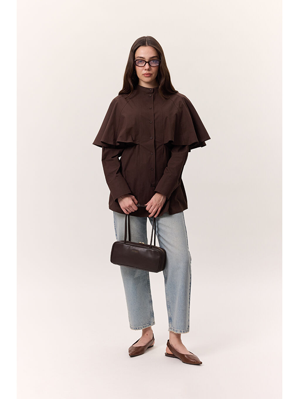 Pelerinli Tasarım Gömlek Kahverengi-4