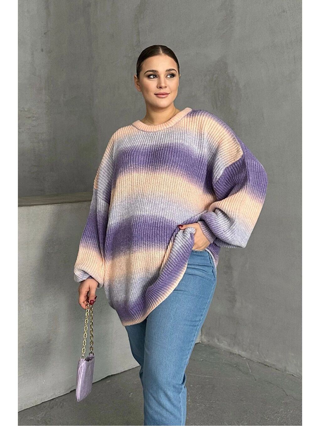Mor Büyük Beden Uzun Kollu Bisiklet Yaka Renk Bloklu Triko Kazak DG-06-1