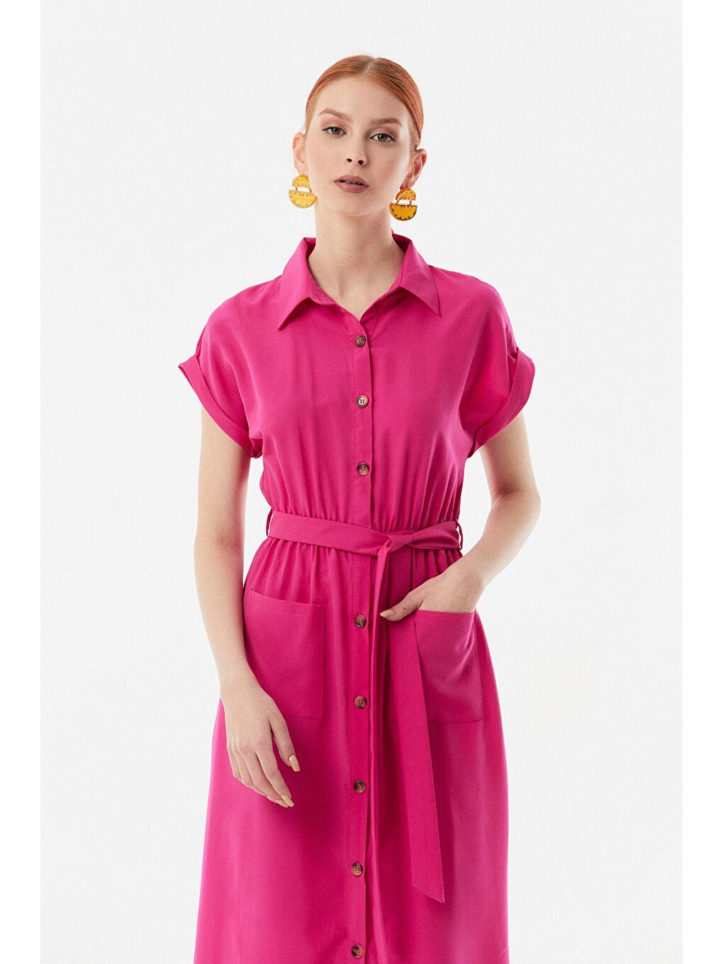 Fuşya Boydan Düğmeli Beli Lastikli Kuşaklı Elbise-1