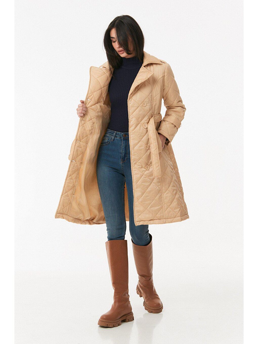 Bej Kapitone Kruvaze Yaka Uzun Mont-2