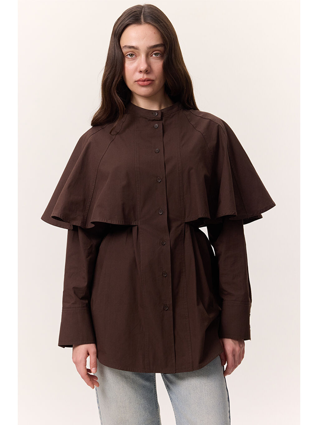 Pelerinli Tasarım Gömlek Kahverengi-5