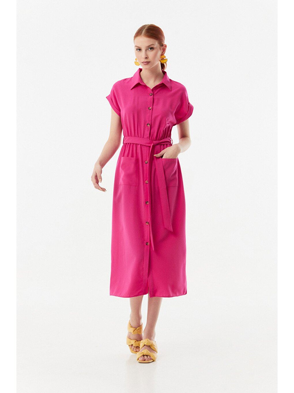 Fuşya Boydan Düğmeli Beli Lastikli Kuşaklı Elbise-2