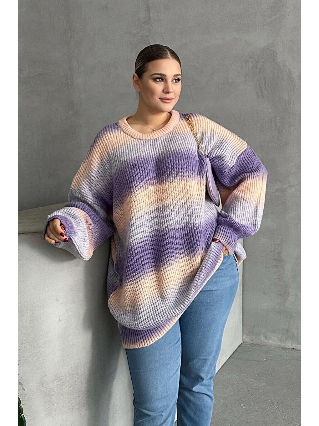 Mor Büyük Beden Uzun Kollu Bisiklet Yaka Renk Bloklu Triko Kazak DG-06-3
