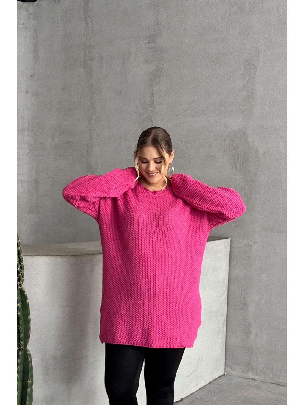 Pembe Büyük Beden Uzun Kollu Bisiklet Yaka İnce Triko Kazak 302140-1