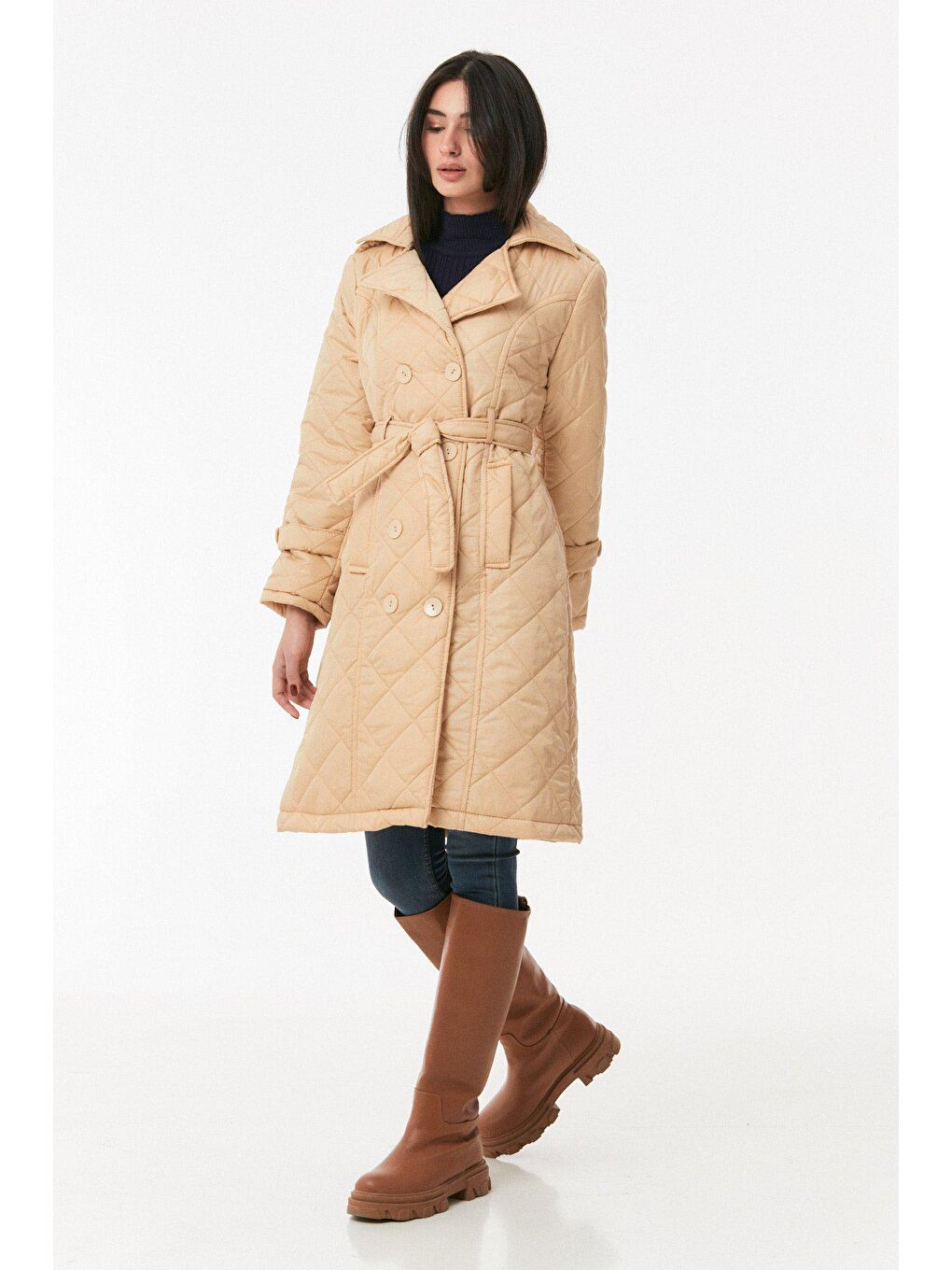 Bej Kapitone Kruvaze Yaka Uzun Mont-3