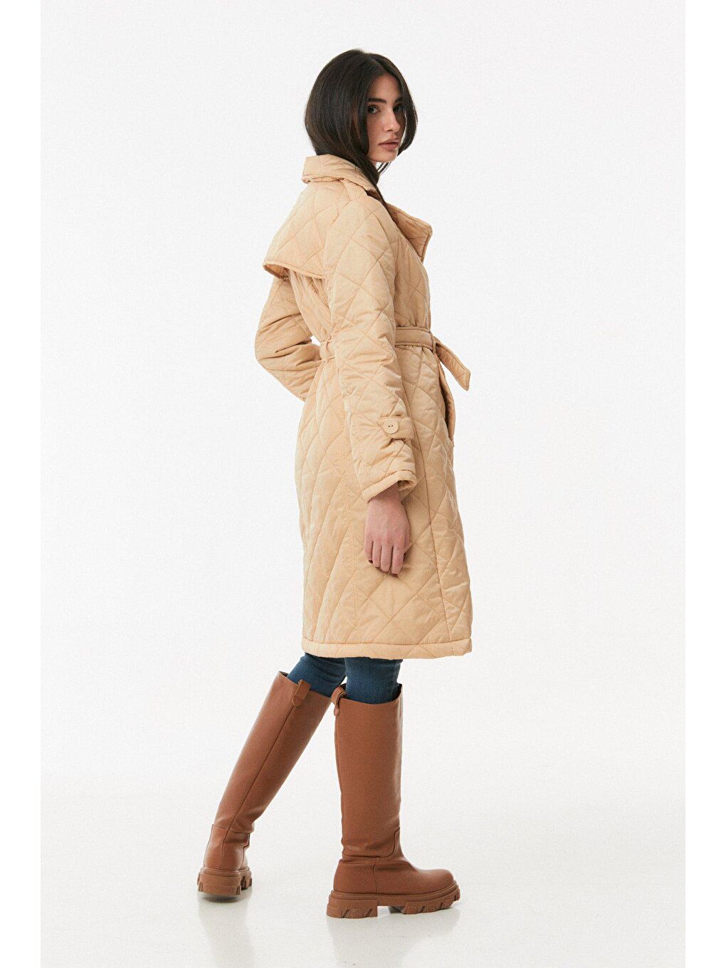 Bej Kapitone Kruvaze Yaka Uzun Mont-4