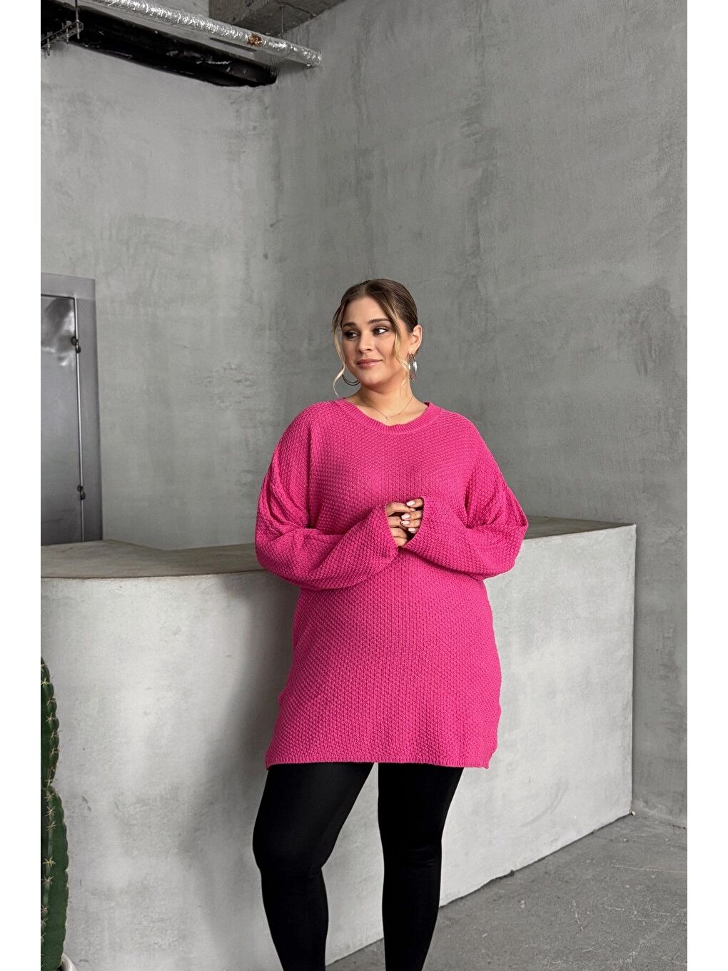 Pembe Büyük Beden Uzun Kollu Bisiklet Yaka İnce Triko Kazak 302140-3