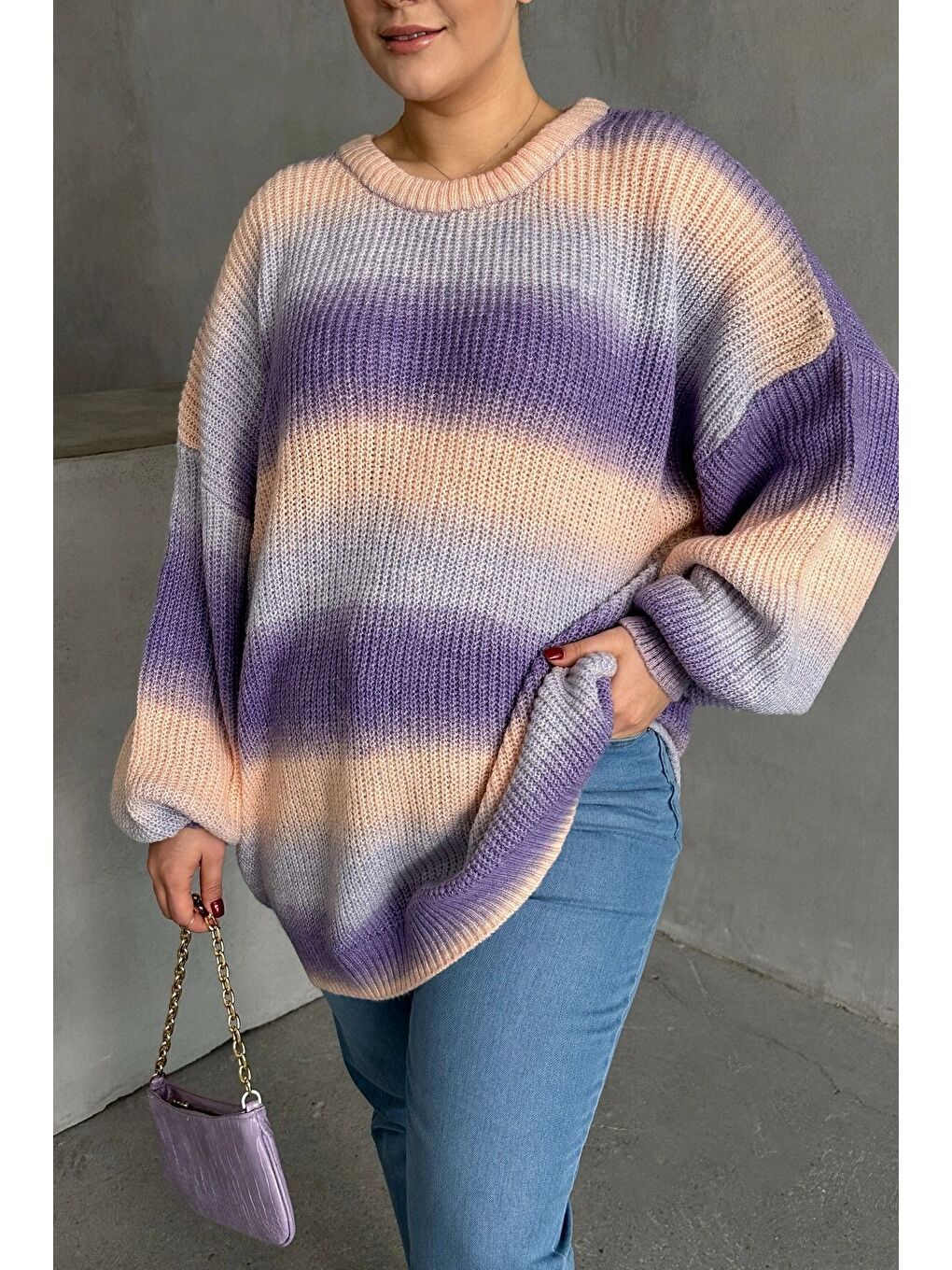 Mor Büyük Beden Uzun Kollu Bisiklet Yaka Renk Bloklu Triko Kazak DG-06-5