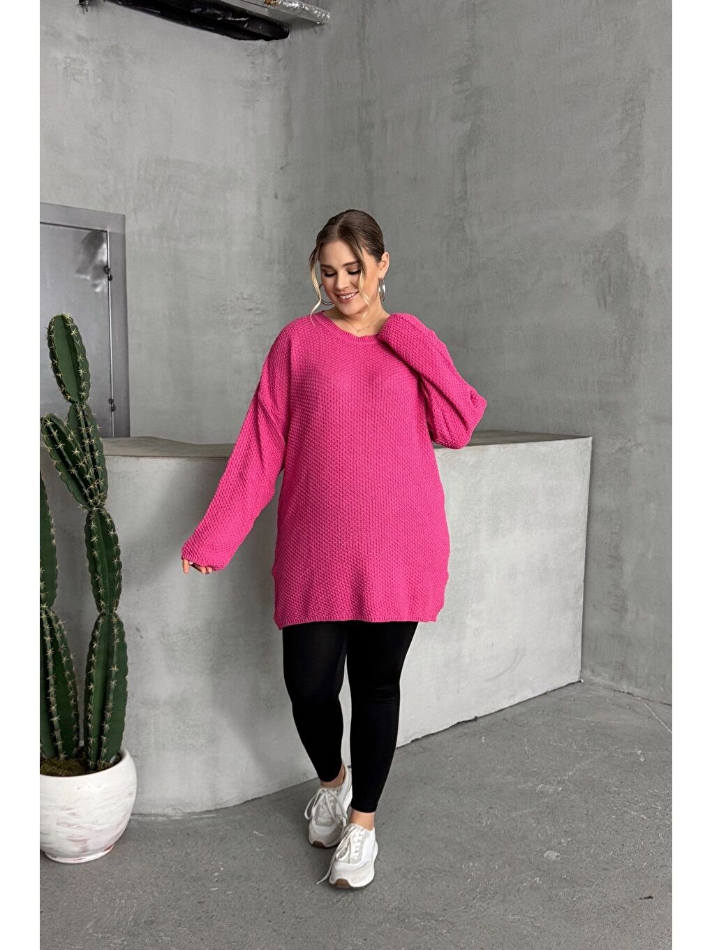Pembe Büyük Beden Uzun Kollu Bisiklet Yaka İnce Triko Kazak 302140-4