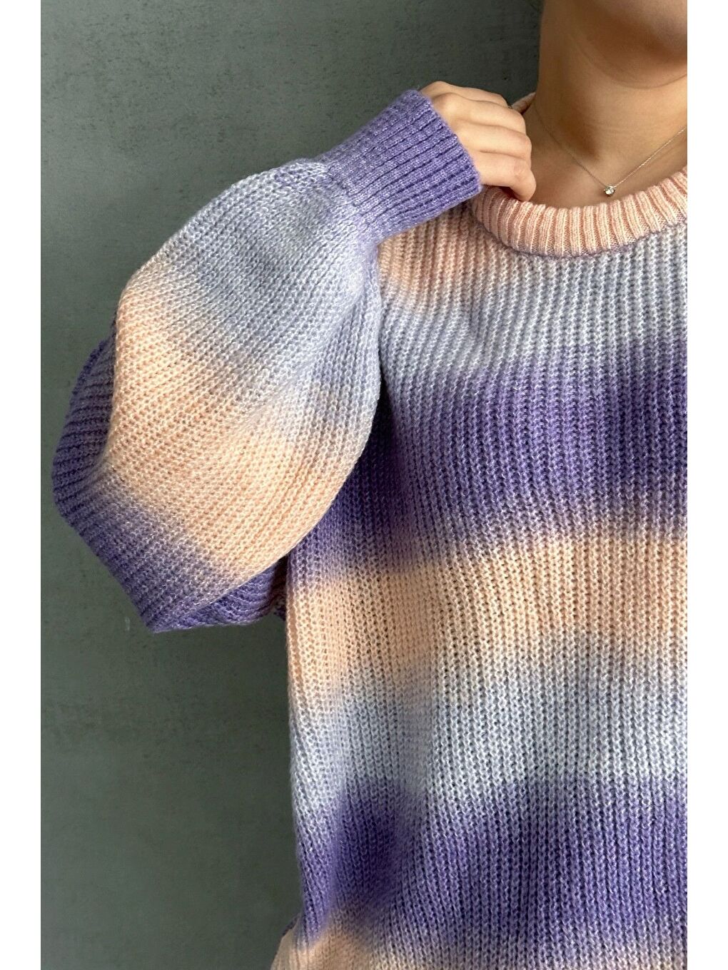Mor Büyük Beden Uzun Kollu Bisiklet Yaka Renk Bloklu Triko Kazak DG-06-6