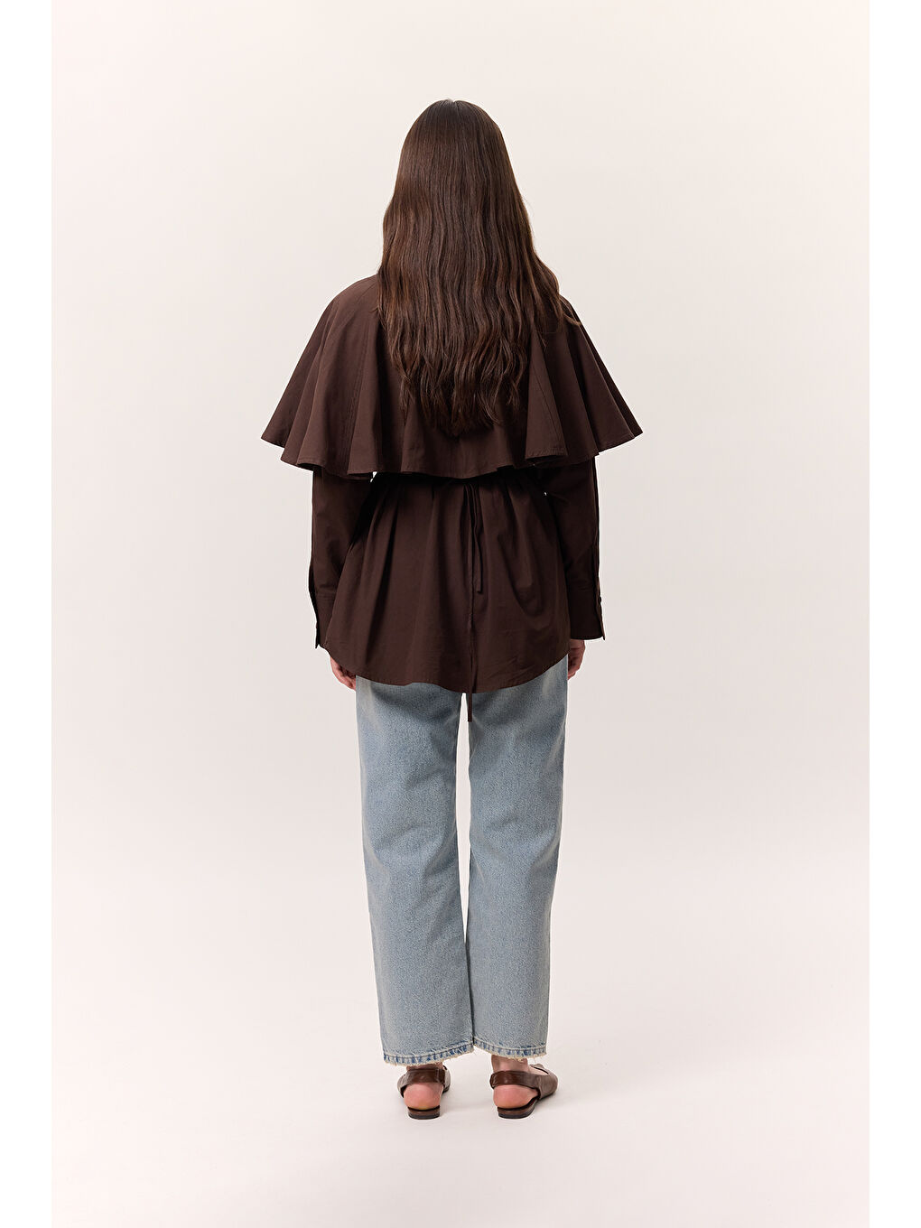 Pelerinli Tasarım Gömlek Kahverengi-7