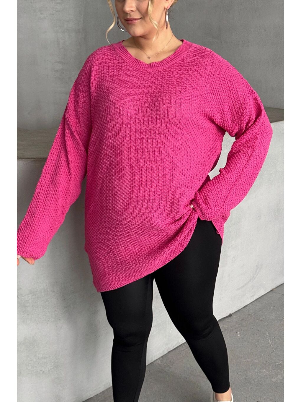 Pembe Büyük Beden Uzun Kollu Bisiklet Yaka İnce Triko Kazak 302140-5