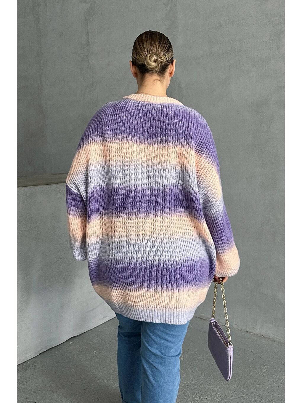 Mor Büyük Beden Uzun Kollu Bisiklet Yaka Renk Bloklu Triko Kazak DG-06-7