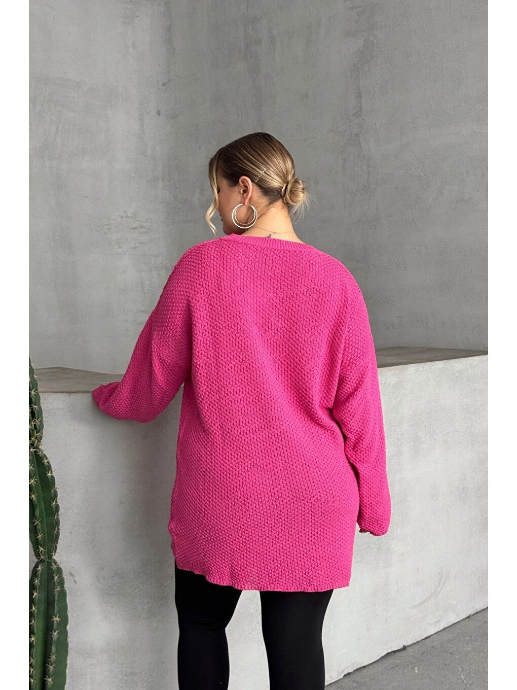 Pembe Büyük Beden Uzun Kollu Bisiklet Yaka İnce Triko Kazak 302140-6