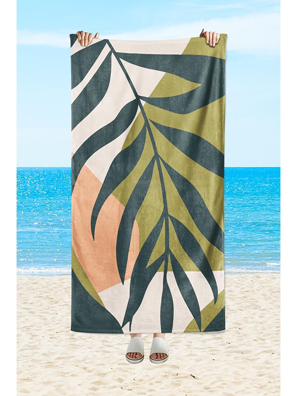 Karışık Yaprak desenli, baskılı 75x150 cm plaj havlusu