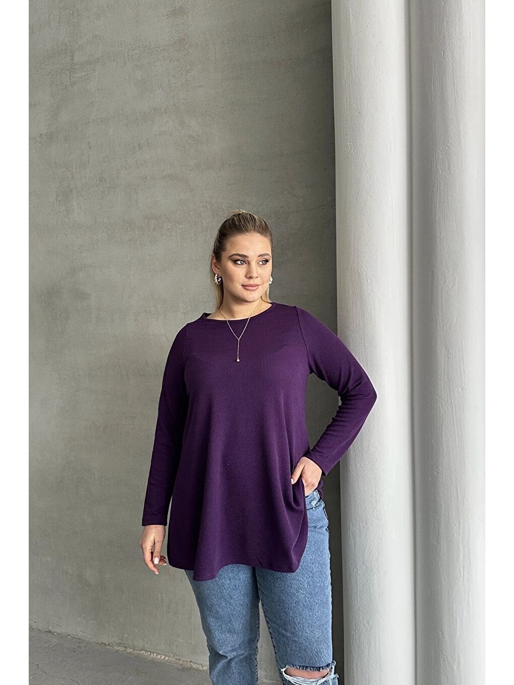 Mor Büyük Beden Uzun Kollu Bisiklet Yaka Fitilli Bluz 100-123-1