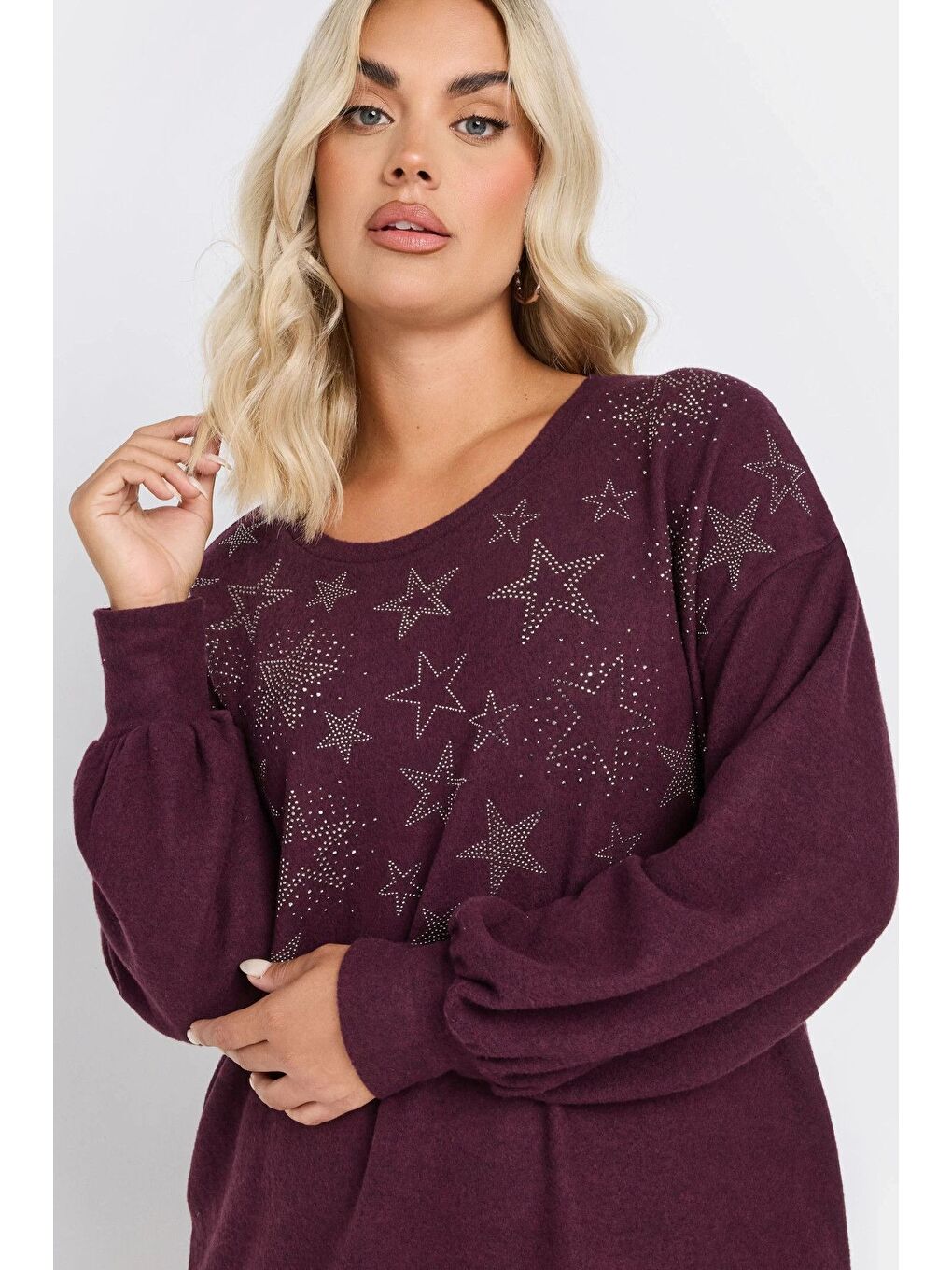 Mürdüm Büyük Beden Uzun Kollu Bisiklet Yaka Yıldız Taş İşlemeli Kazak 285036-1