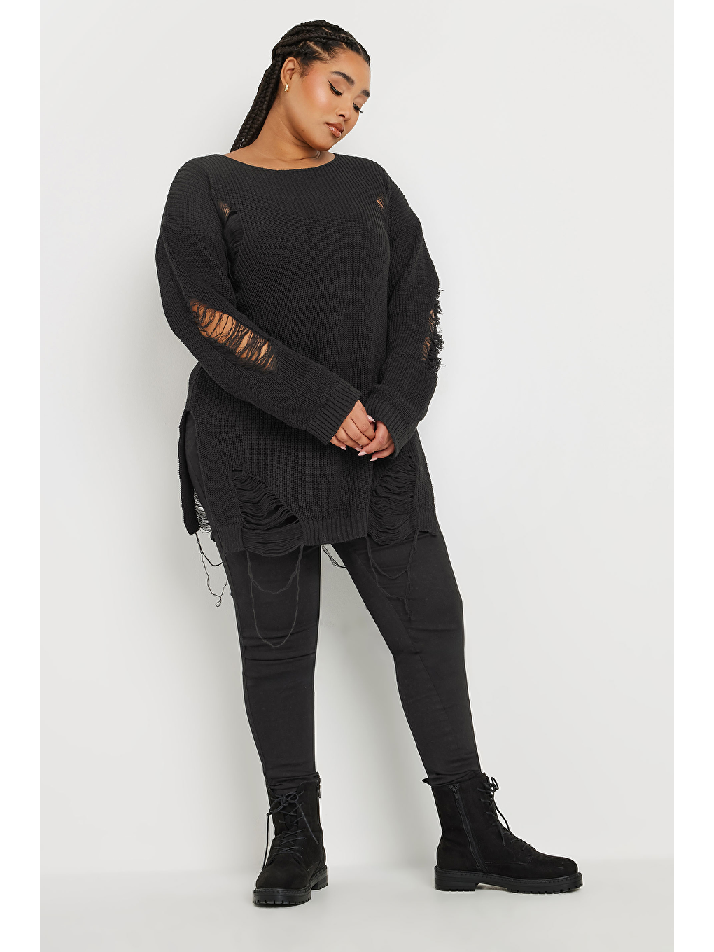 Siyah Büyük Beden Uzun Kollu Bisiklet Yaka Yırtık Detaylı Triko Kazak 303582-1