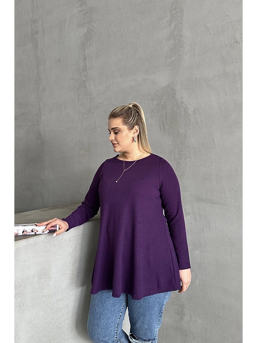 Mor Büyük Beden Uzun Kollu Bisiklet Yaka Fitilli Bluz 100-123-3
