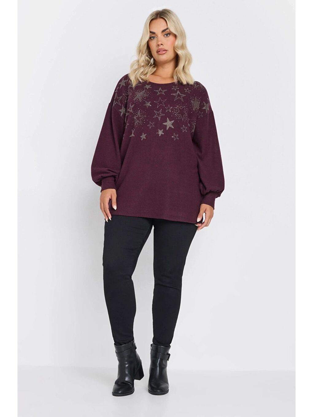 Mürdüm Büyük Beden Uzun Kollu Bisiklet Yaka Yıldız Taş İşlemeli Kazak 285036-3