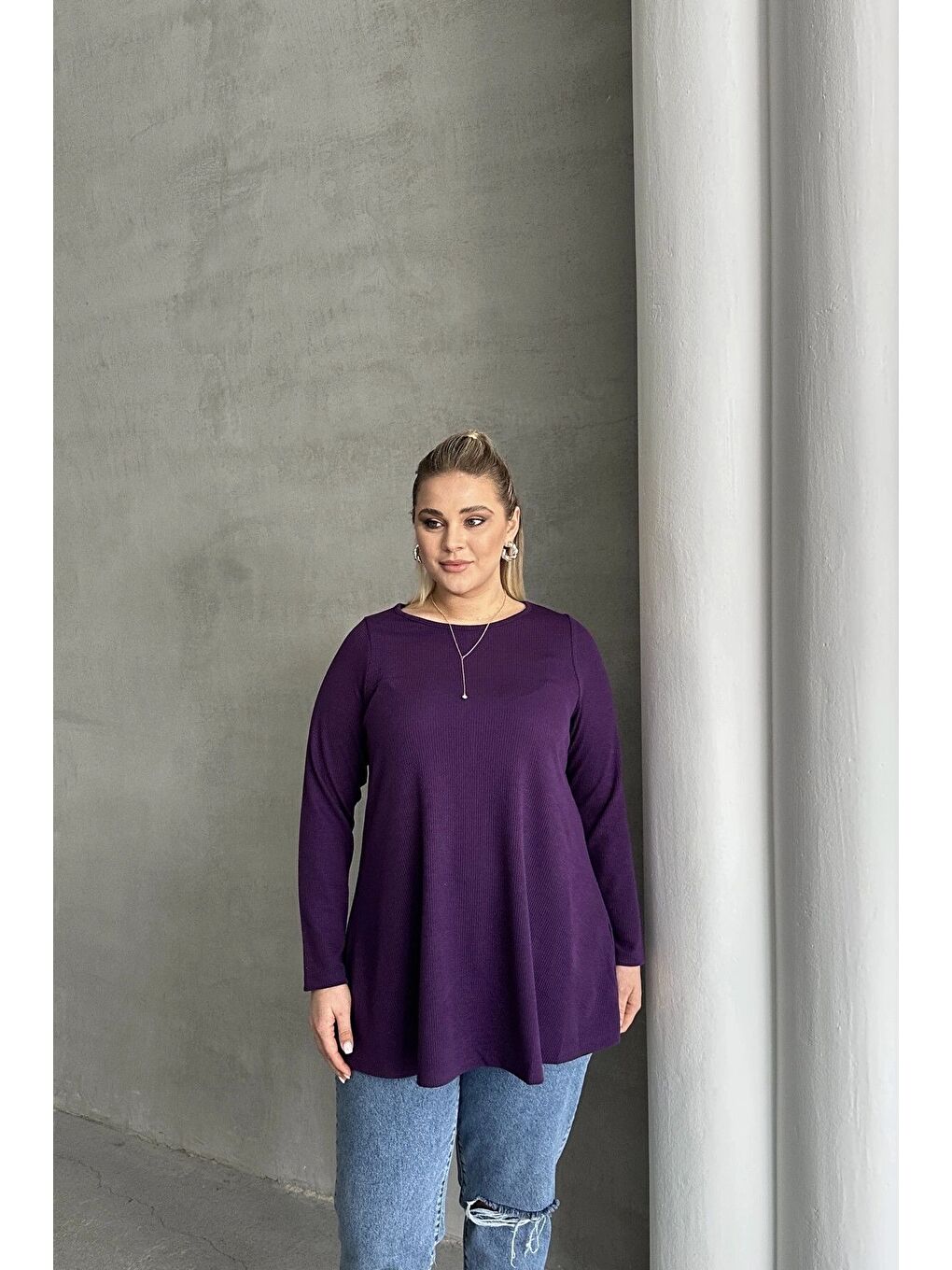 Mor Büyük Beden Uzun Kollu Bisiklet Yaka Fitilli Bluz 100-123-4