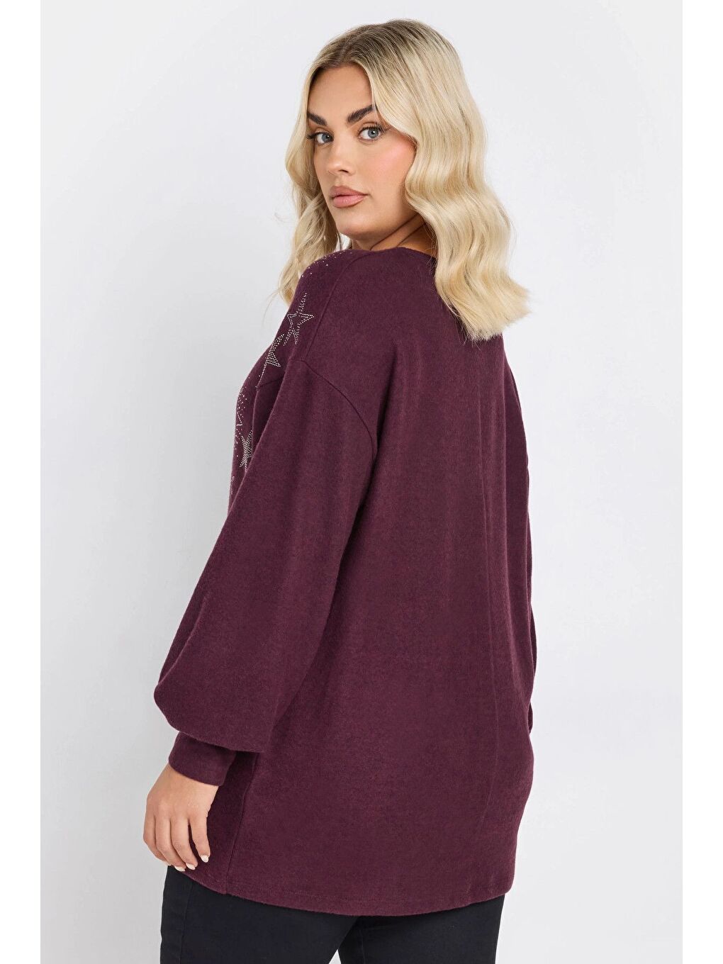 Mürdüm Büyük Beden Uzun Kollu Bisiklet Yaka Yıldız Taş İşlemeli Kazak 285036-4