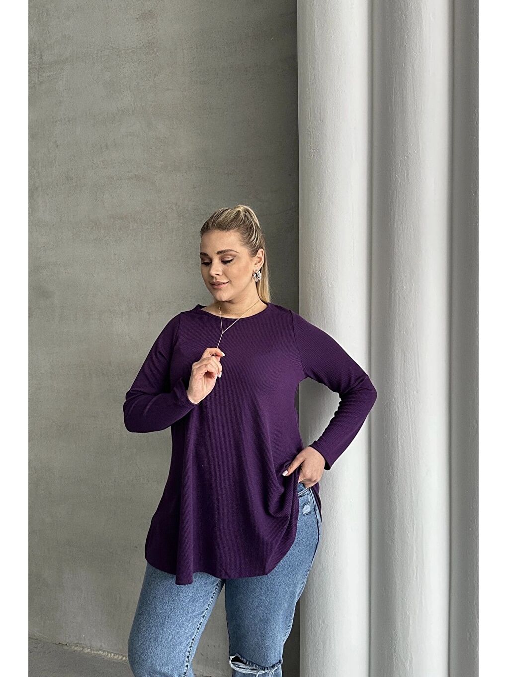Mor Büyük Beden Uzun Kollu Bisiklet Yaka Fitilli Bluz 100-123-5