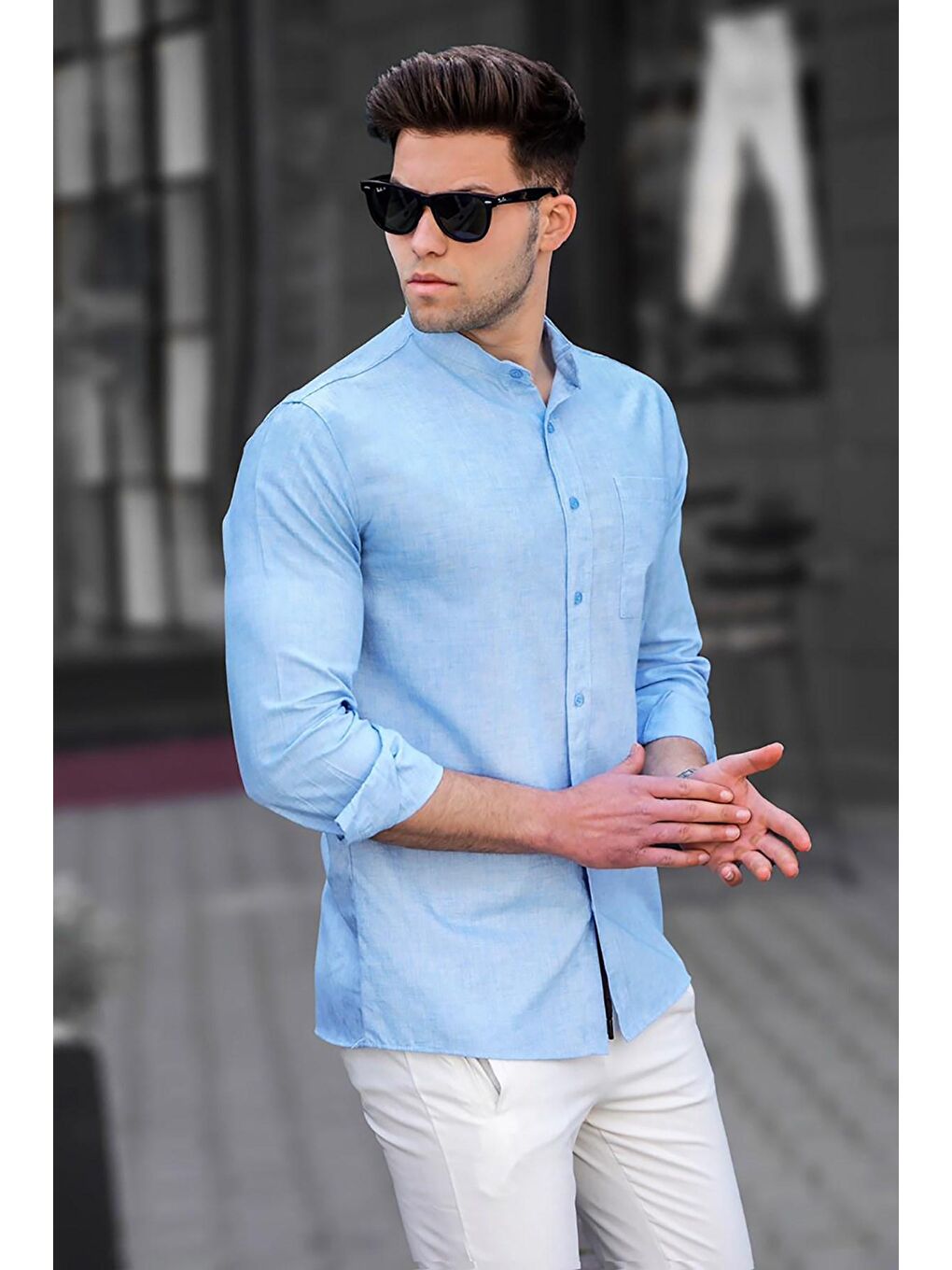 Mavi Erkek Keten Görünümlü Düz Uzun Kollu Gömlek 5548