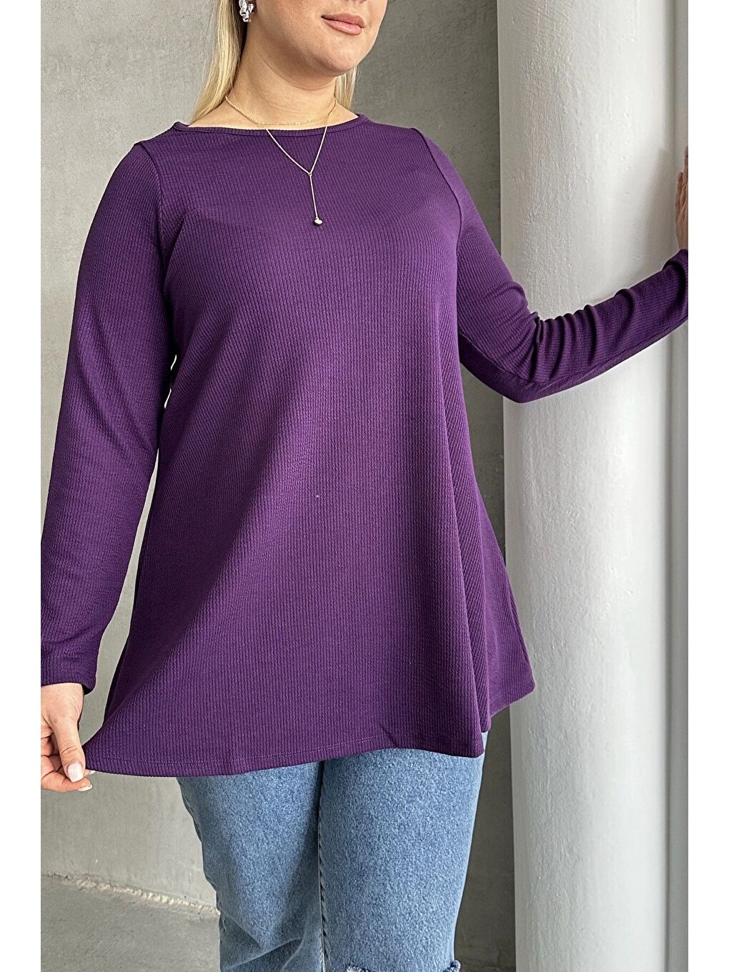 Mor Büyük Beden Uzun Kollu Bisiklet Yaka Fitilli Bluz 100-123-6