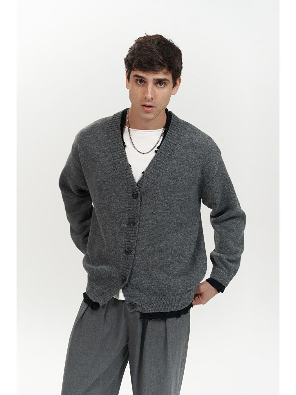 Gri Raid Çift Yaka Füme Erkek Triko Kazak