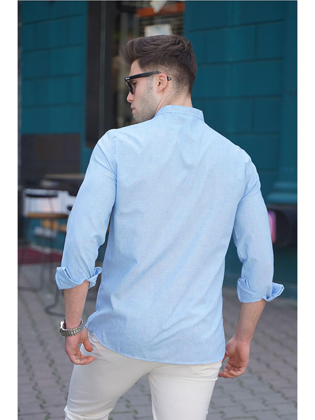 Mavi Erkek Keten Görünümlü Düz Uzun Kollu Gömlek 5548-1