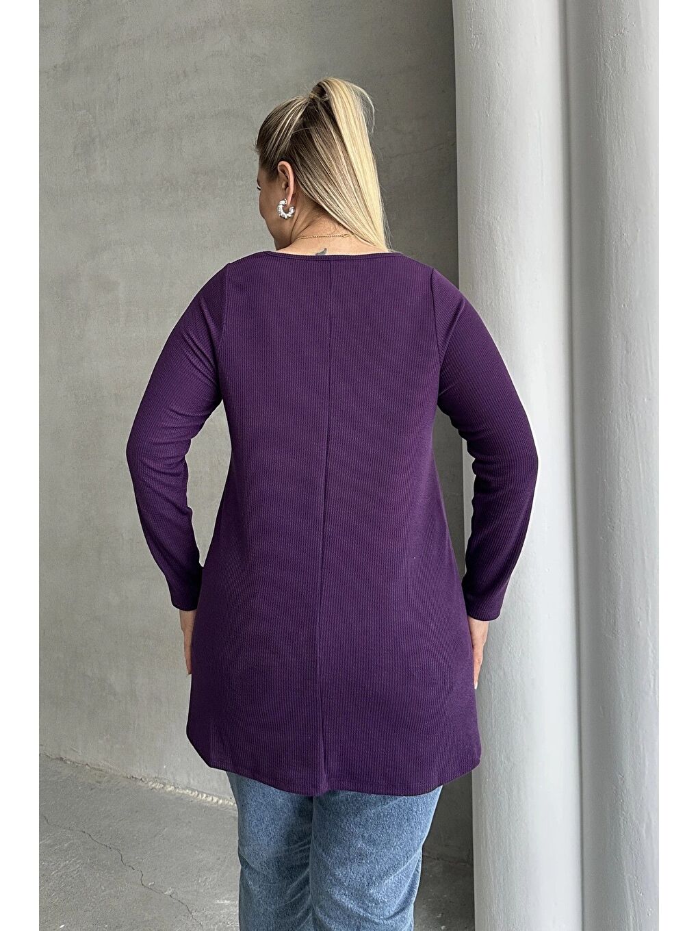 Mor Büyük Beden Uzun Kollu Bisiklet Yaka Fitilli Bluz 100-123-7