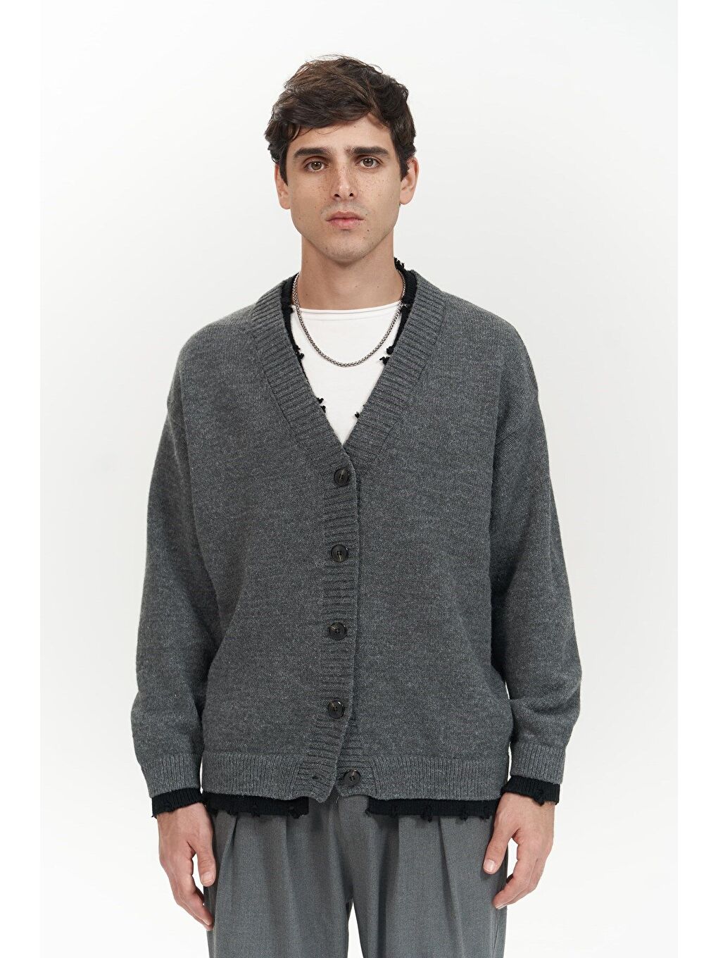 Gri Raid Çift Yaka Füme Erkek Triko Kazak-1