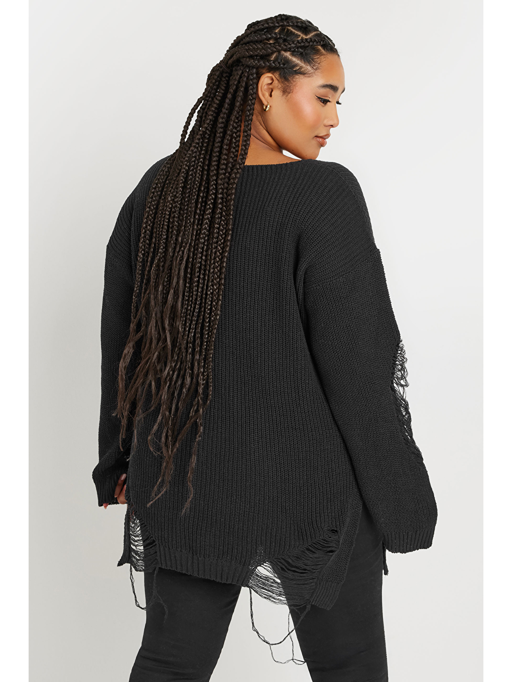 Siyah Büyük Beden Uzun Kollu Bisiklet Yaka Yırtık Detaylı Triko Kazak 303582-3