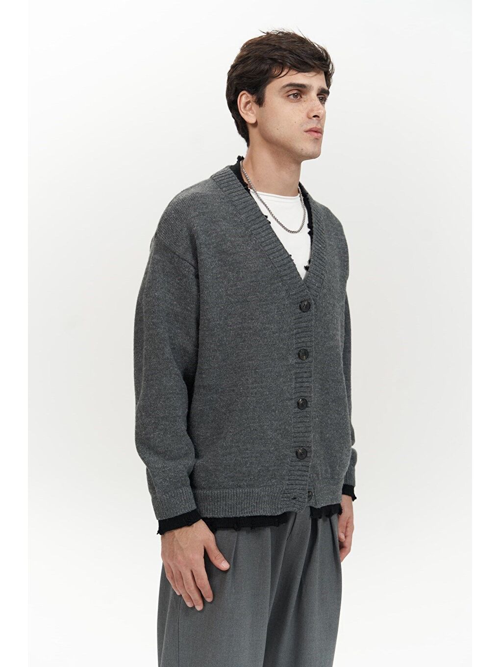 Gri Raid Çift Yaka Füme Erkek Triko Kazak-2