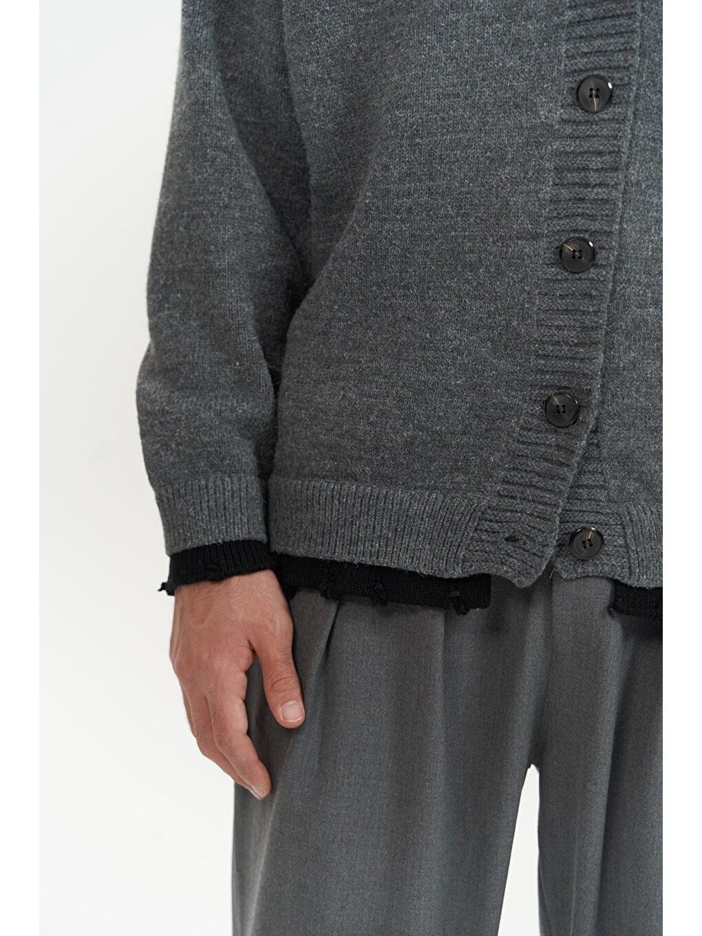 Gri Raid Çift Yaka Füme Erkek Triko Kazak-5