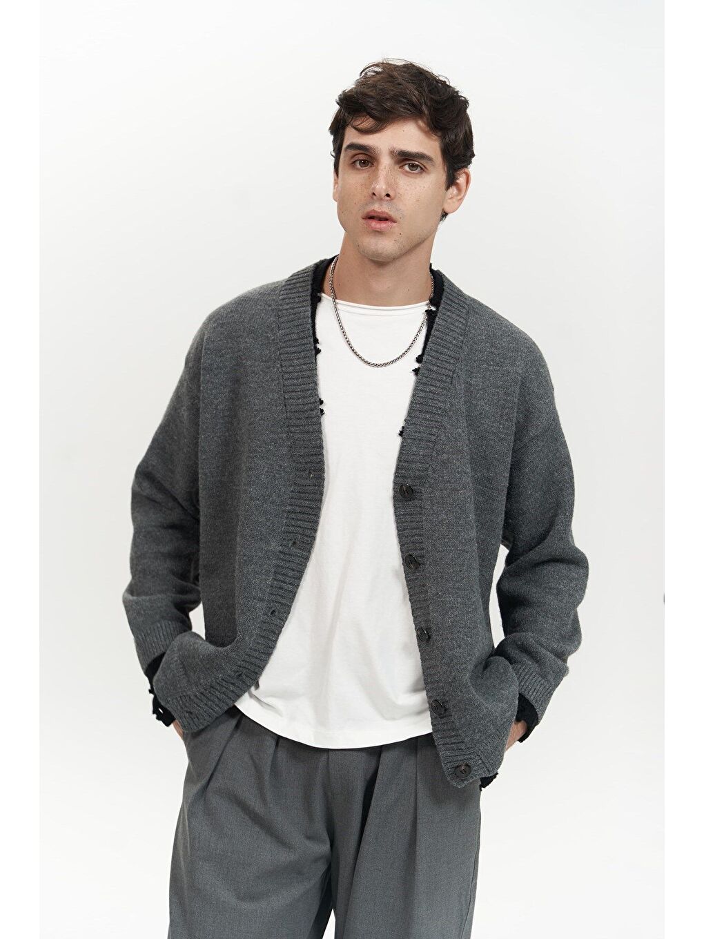 Gri Raid Çift Yaka Füme Erkek Triko Kazak-6