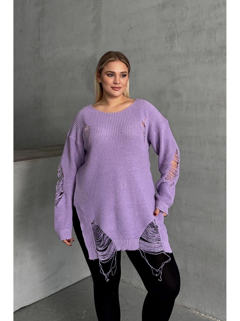 Mor Büyük Beden Uzun Kollu Bisiklet Yaka Yırtık Detaylı Triko Kazak T-3-3